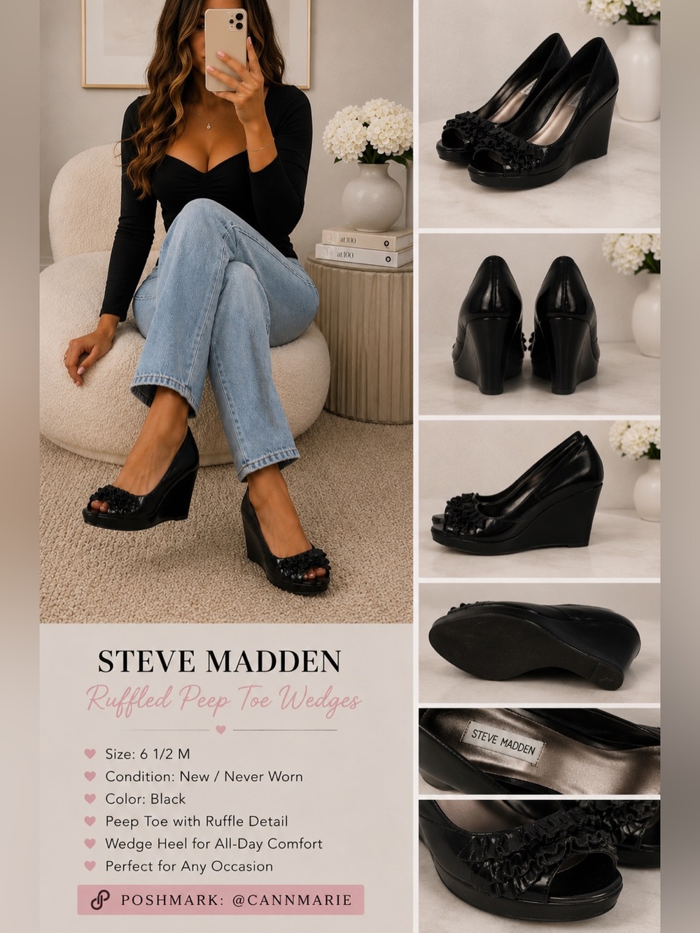 Steve Madden Black Ruffled Peep Toe Wedges Size 6.5